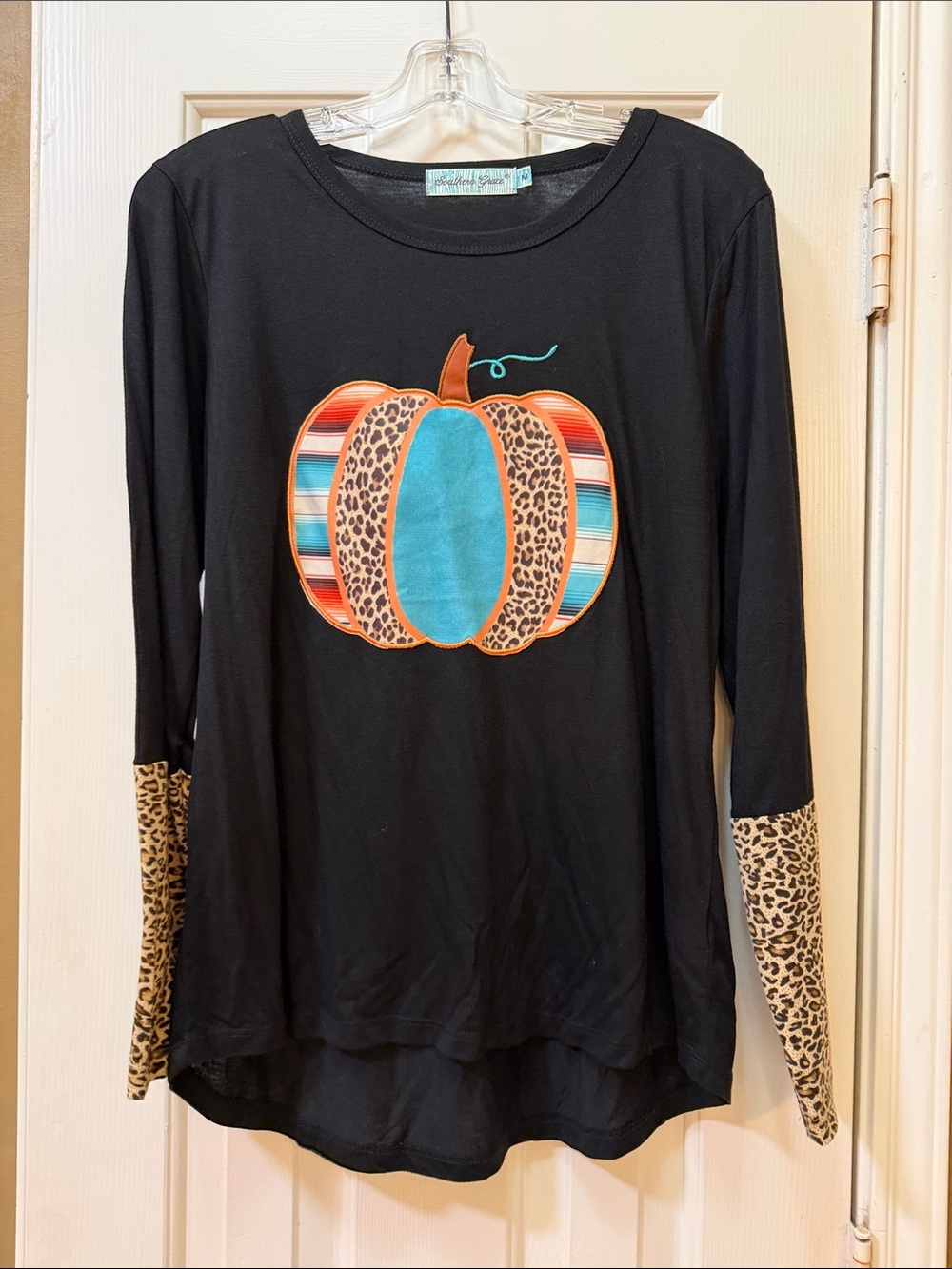 Southern Grace Black Long Sleeve Top with Turquoise & Leopard Pumpkin Applique